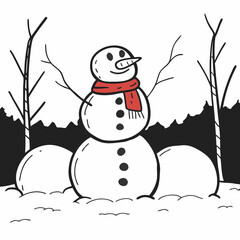 Cartoon snowman with red scarf in snowy scene