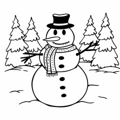 Cheerful snowman with hat and scarf in winter
