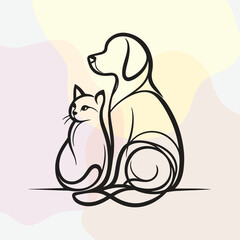 Minimalist black line-art illustration of a dog and cat sitting together