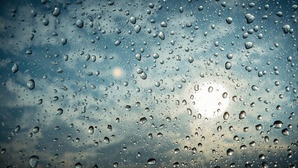 Raindrops on a glass window with blurred sunlight and sky in the background. Weather and nature scene. The concept of rain and weather conditions.