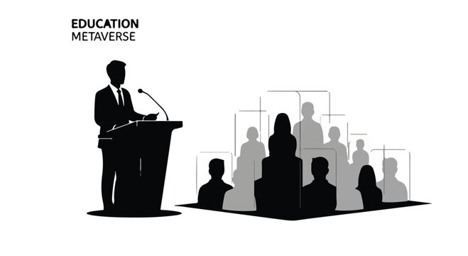 Speaker presenting to an audience in a futuristic virtual reality education space - Powered by Adobe