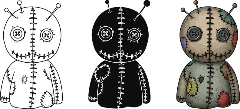 Set of voodoo doll illustrations including outline silhouette and color versions for Halloween designs and spooky themes