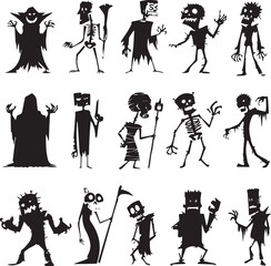 Halloween Monsters Silhouette Vector Set – Vampire, Zombie, Skeleton, and Ghost Icons