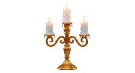Ornate gold candelabra with three lit candles isolated on transparent background
