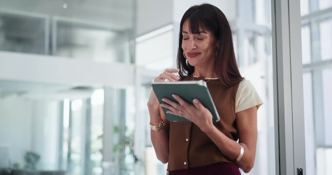 Thinking, office and business woman on tablet for story ideas, article review and feedback. Creative agency, editor and thoughtful person on digital tech for online publication, research or planning