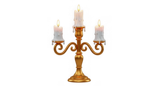 Ornate gold candelabra with three lit candles isolated on transparent background
