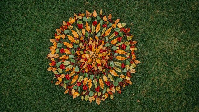 Colorful leaves arranged in a circular pattern on green grass.