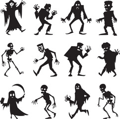 Halloween Monsters Silhouette Vector Set – Vampire, Zombie, Skeleton, and Ghost Icons