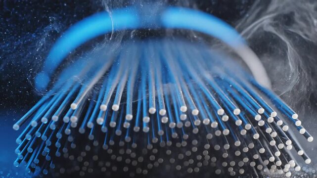 Glowing Blue Fiber Optic Cables Transmitting Digital Information Technology.