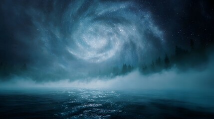 Naklejka premium Mystical cosmic swirl and stardust illuminate a misty lake reflecting a dark forest under a starry night sky