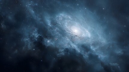 Fototapeta premium A vibrant spiral galaxy with swirling blue nebulae and a bright luminous core set against the vastness of deep space