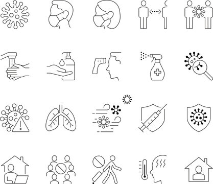 Collection of line icons representing cold and flu prevention measures including hygiene health and wellness symbols for medical and informational use