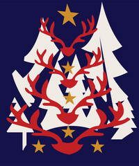 A unique Christmas illustration featuring reindeer antlers forming a stylized Christmas tree with golden stars and white fir silhouettes on a dark blue background.