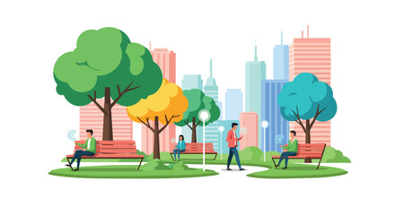 A vibrant illustration portrays people enjoying a sunny day in a city park with benches, trees, and skyscrapers in the background, promoting leisure and urban lifestyle.