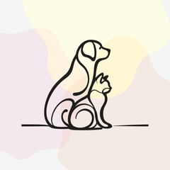 Minimalist black line-art illustration of a dog and cat sitting together