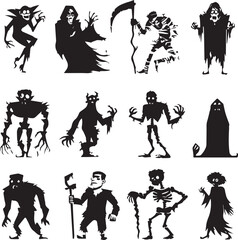 Halloween Monsters Silhouette Vector Set – Vampire, Zombie, Skeleton, and Ghost Icons