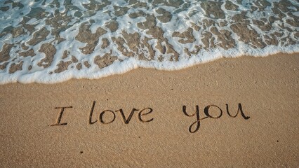 Fototapeta premium I love you written on the sand with ocean waves approaching.