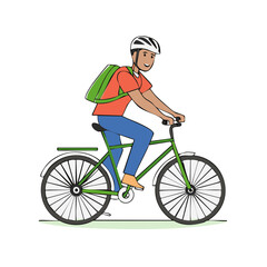 Obraz premium Young male cyclist wearing a safety helmet and backpack riding a green bicycle