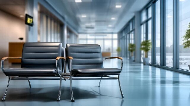 Sleek black chairs are arranged in a bright office lobby with glass walls and potted plants, reflecting a professional environment. The minimalist interior emphasizes comfort and modern aesthetics