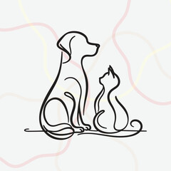 Minimalist black line-art illustration of a dog and cat sitting together