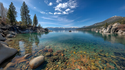 Crystal clear turquoise water of a mountain lake with rocky shore and pine trees under a bright blue sky with scattered clouds