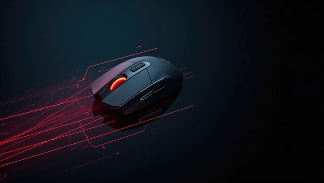 Wireless computer mouse with red light and digital lines, technology and gadgets, concept of modern computer accessories.