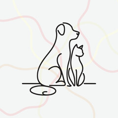Minimalist black line-art illustration of a dog and cat sitting together