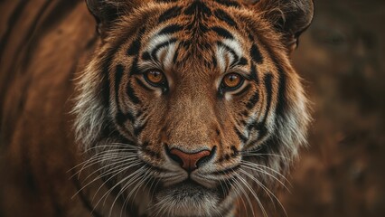 Naklejka premium Close-up of a tiger's face with intense eyes, showcasing its fur and stripes, in a natural setting.