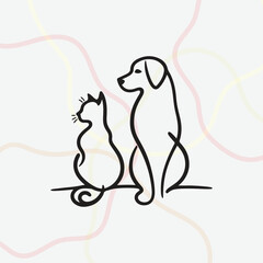 Minimalist black line-art illustration of a dog and cat sitting together
