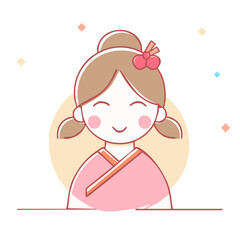 Kawaii smiling young girl character with traditional pink outfit and hair bow illustration