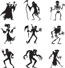 Halloween Monsters Silhouette Vector Set – Vampire, Zombie, Skeleton, and Ghost Icons