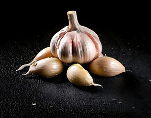 Aromatic Garlic Still Life on Dark Textured Background, Culinary Ingredient