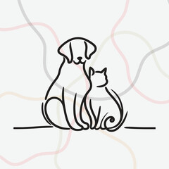 Minimalist black line-art illustration of a dog and cat sitting together