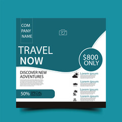 Travel offer Instagram square banner Poster template promoting tour package price and discount, clean teal geometric layout with placeholders for company name, icons, and itinerary details.