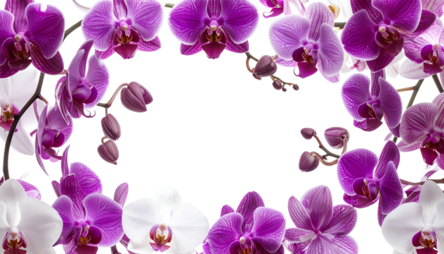 Vivid purple and white orchids form a floral frame around a dark, transparent center - Powered by Adobe