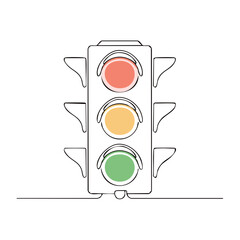 Continuous line art illustration of a minimalist traffic signal with illuminated red, yellow, and green.