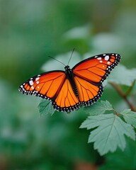 Fototapeta premium Vibrant Orange Monarch Butterfly With Black Wing Details Resting On A Green Leaf With Soft Bokeh Background