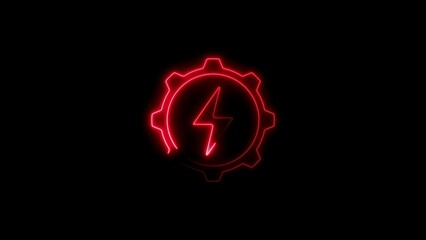Red Neon Lightning Bolt Inside a Gear on Black Background icon power