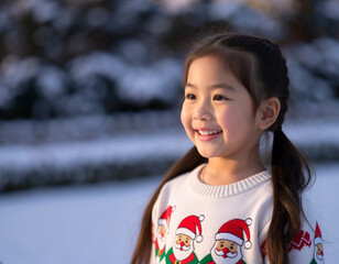 Winter holiday portrait of a girl in snow-covered landscape