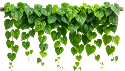 Lush green heart-shaped leaves cascading from a wooden rod against a black background