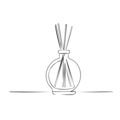 Single line drawing of a diffuser bottle with reeds releasing aroma