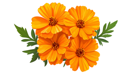 Cluster of vibrant orange flowers with green leaves, set against a solid black background