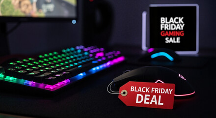 Gaming keyboard and mouse with Black Friday sale tag on desk  