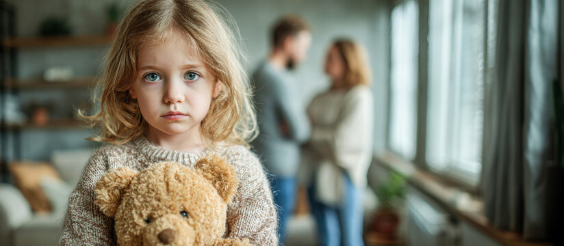 Little girl with teddy bear watches parents argue in their cozy living room during the day