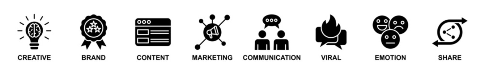 Banner web of Storytelling icons vector illustration. Concept of creative, brand, content, marketing, communication, viral, emotion and share. Simple glyph vector illustration.