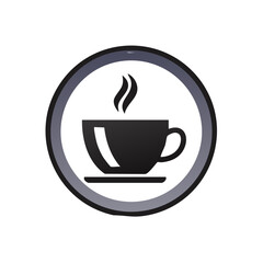 Obraz premium Steaming hot coffee cup icon with saucer in a dark circular frame graphic