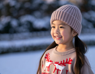 Smiling girl in reindeer sweater enjoying snowy winter
