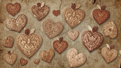 Fototapeta premium Collection of hearts with vintage textures and patterns on a rustic background.