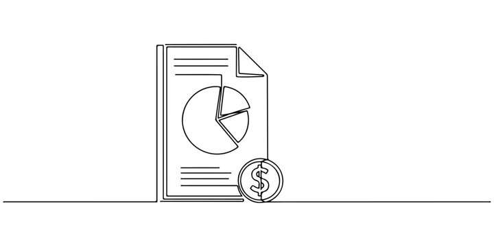 Continuous one line of document with circle diagram and dollar symbol, representing financial report, style hand drawing vector illustration.
