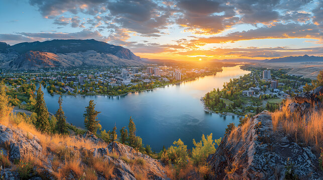 Kamloops downtown skyline and Thompson River captured during glacier melt season, beautiful Canadian landscape blending urban architecture and pristine wilderness.